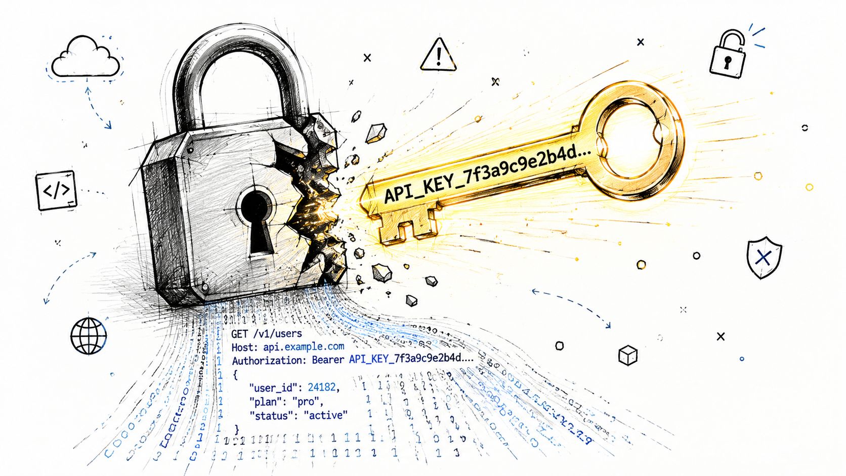 A digital illustration showing a broken padlock and a golden API key exposing sensitive user data.