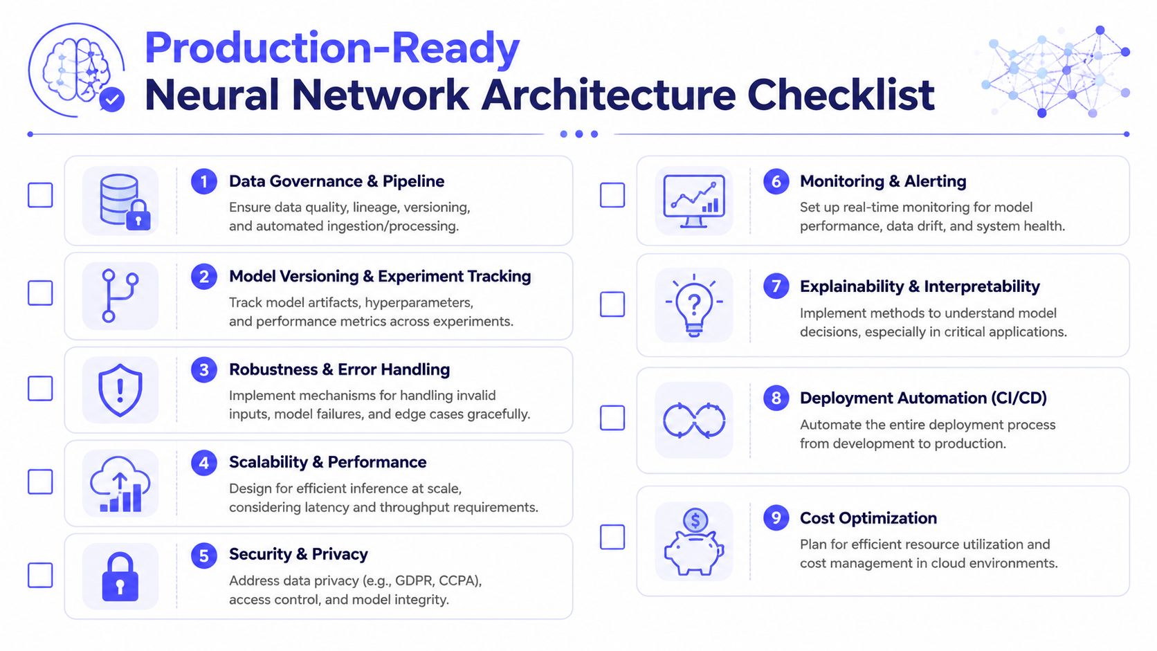 A checklist for building production-ready neural network architectures featuring nine key steps for successful machine learning deployment.