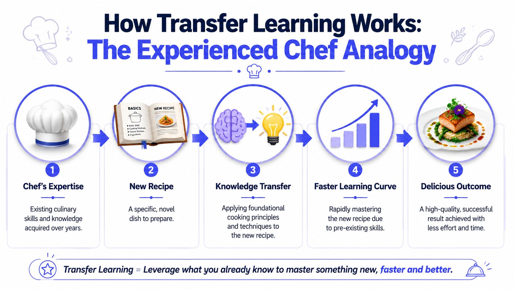 A five-step diagram explaining transfer learning using the analogy of an experienced chef mastering a new recipe.