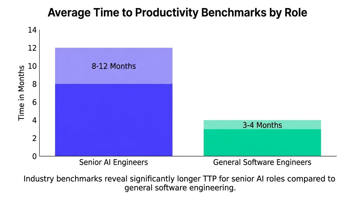 A bar chart comparing the average time to productivity for Senior AI Engineers versus General Software Engineers.