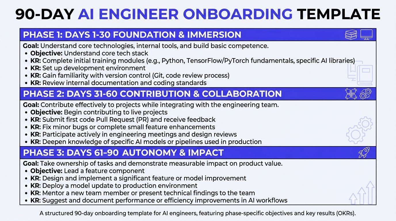 A structured 90-day onboarding template for new AI engineers, outlining goals and key results by phase.