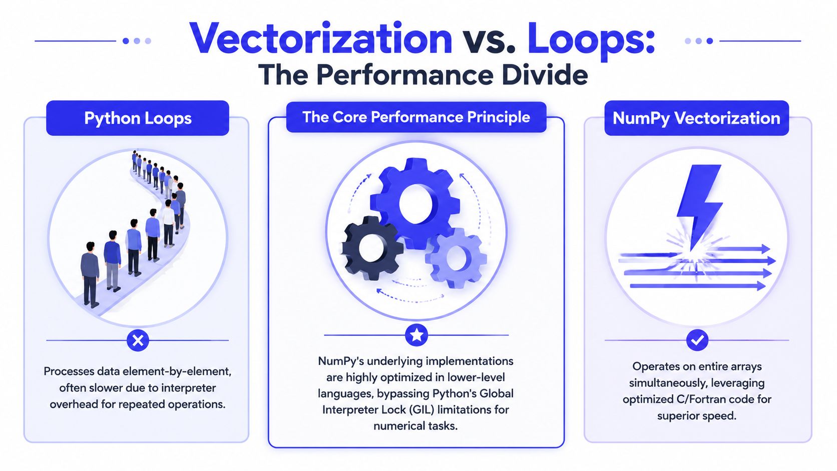 An infographic comparing slow Python loops versus fast NumPy vectorization for optimized data processing.