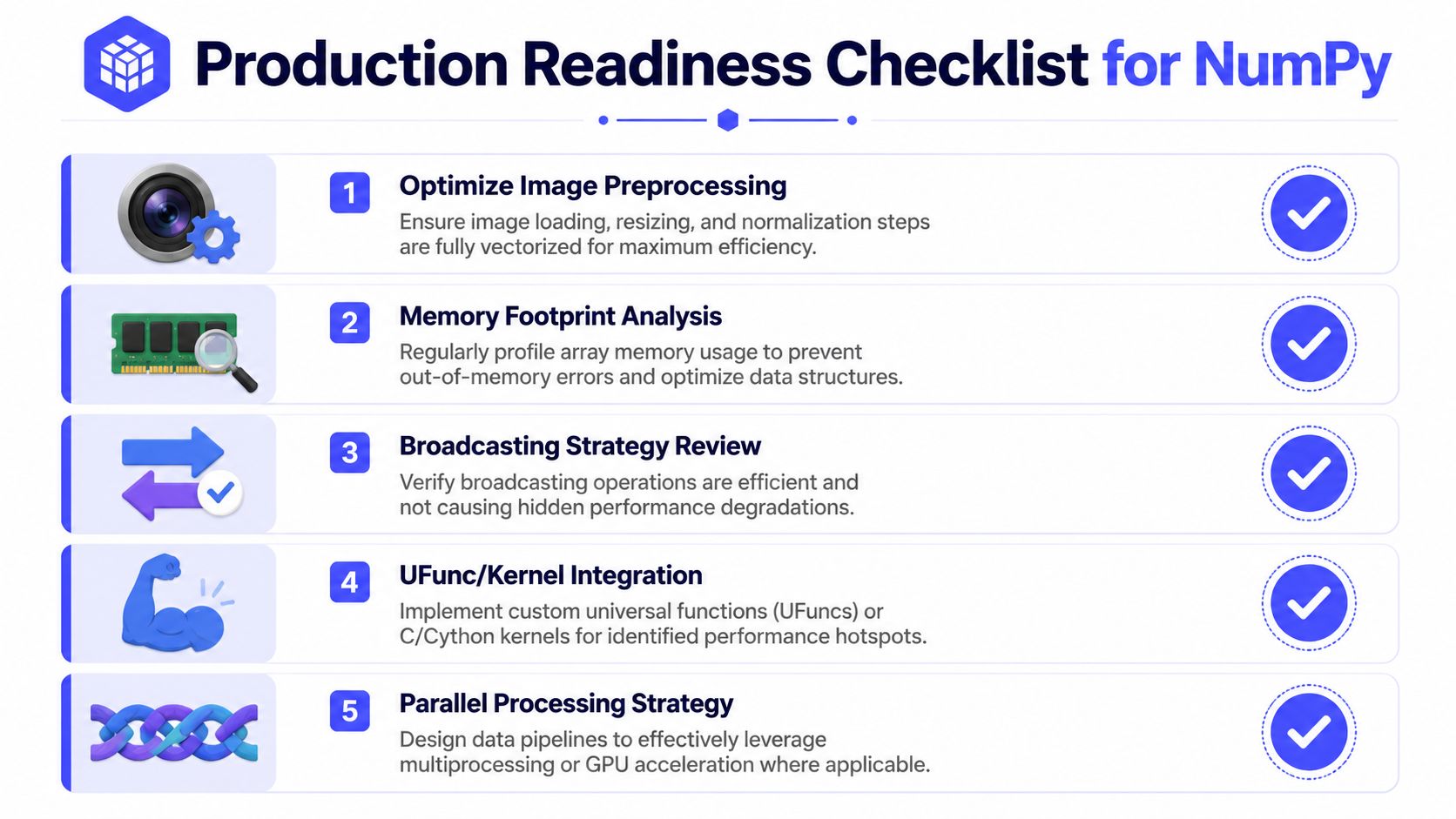 A five-point production readiness checklist for optimizing NumPy operations including preprocessing, memory analysis, broadcasting, and parallel processing.