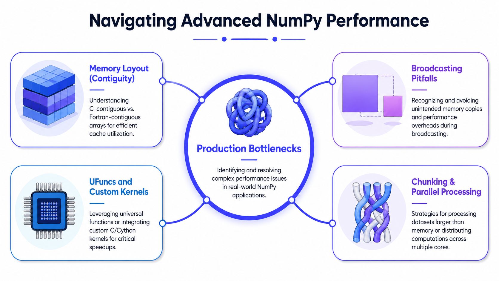 A diagram titled Navigating Advanced NumPy Performance, highlighting four key strategies for optimizing production-level computational performance.