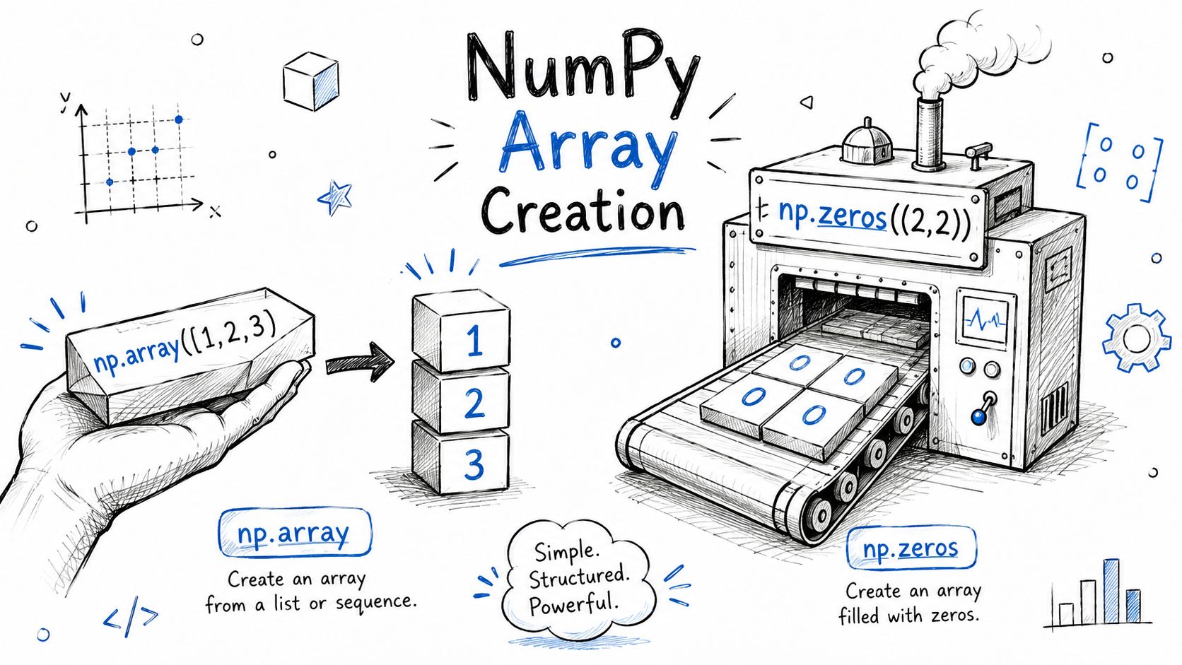 A hand-drawn illustration showing NumPy array creation using the np.array and np.zeros functions in Python programming.