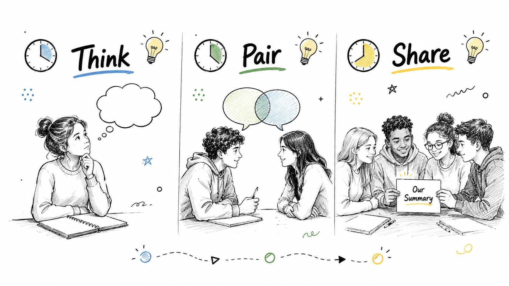 A hand-drawn illustration depicting the three steps of the think-pair-share active learning strategy for students.