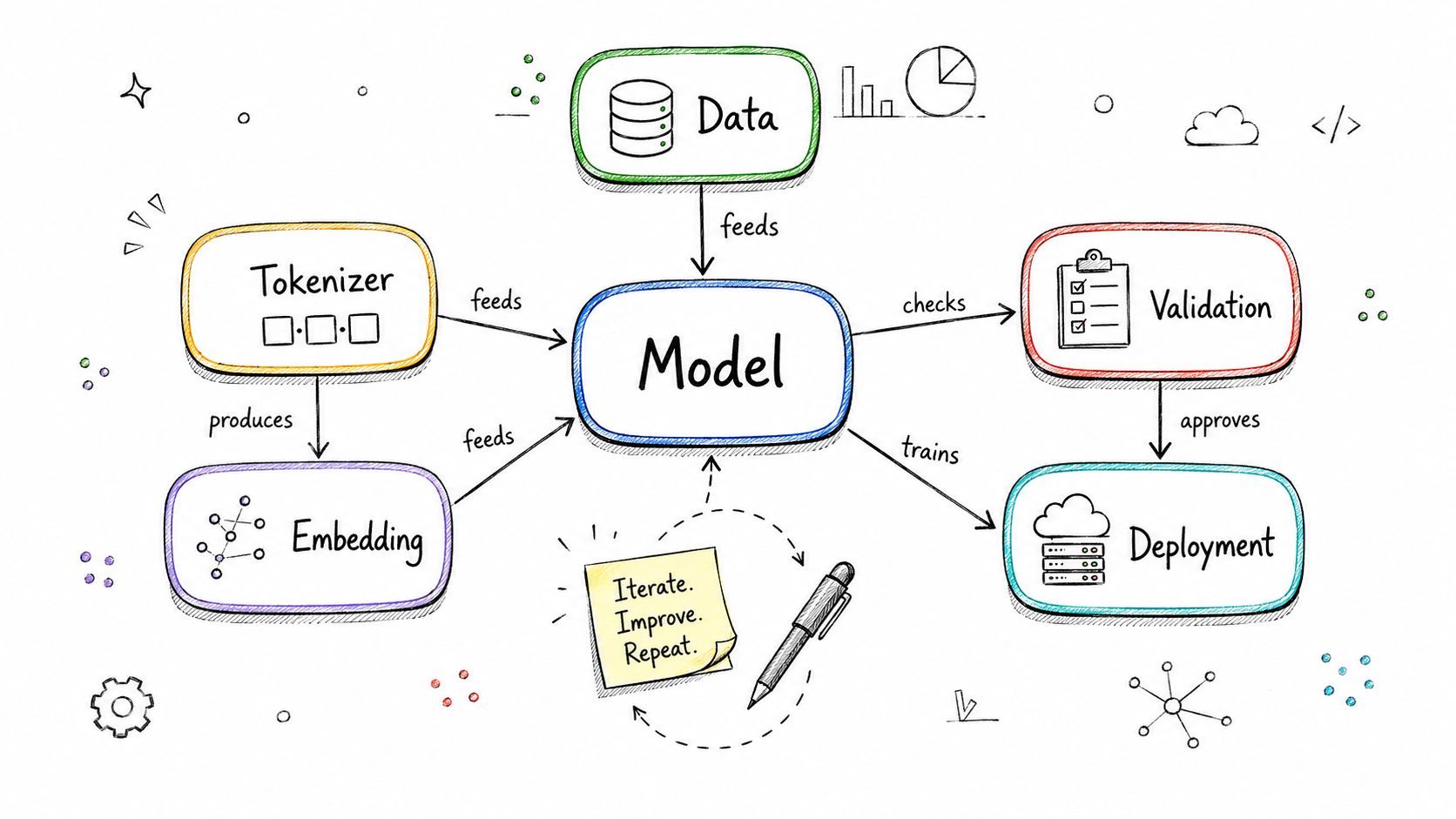 A colorful diagram illustrating the iterative machine learning process including data, tokenization, embedding, model training, validation, and deployment.