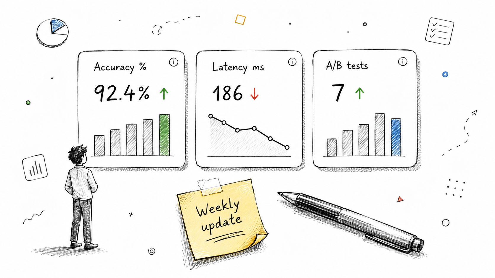 A hand-drawn illustration showing a person observing performance metrics, including accuracy, latency, and test counts.