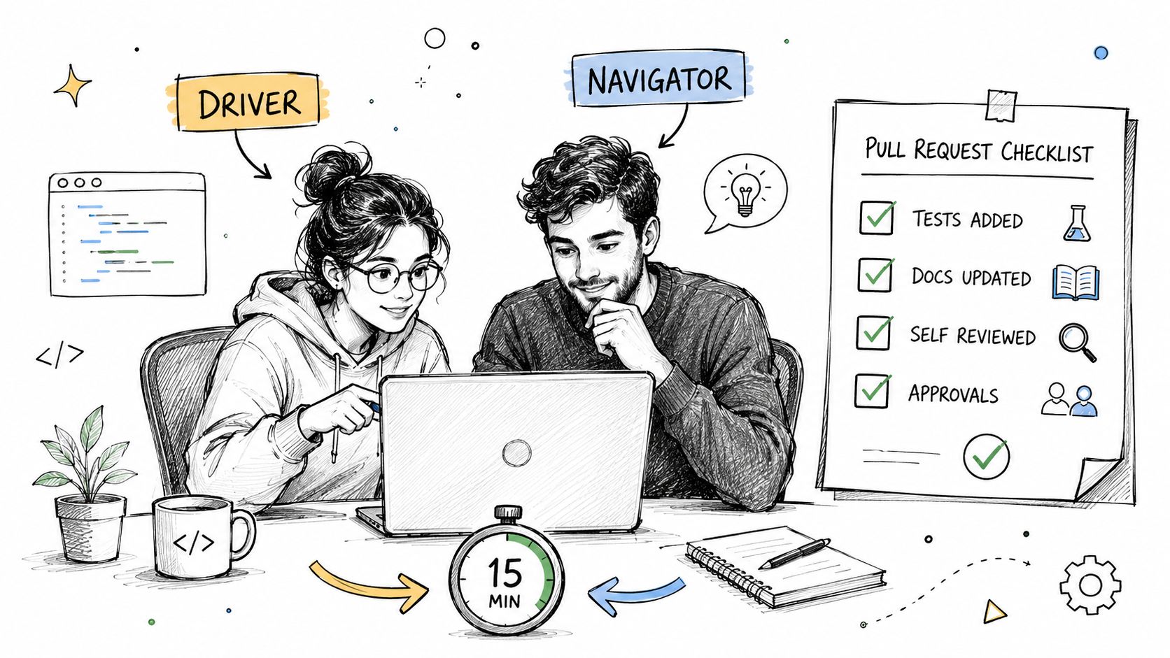 Two developers collaborating on code using pair programming practices with a timer and pull request checklist.