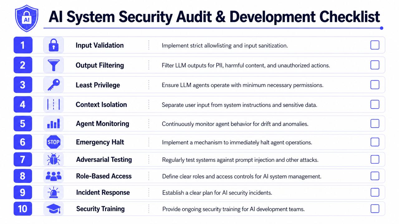 A comprehensive ten-point checklist for AI system security audit and development best practices.