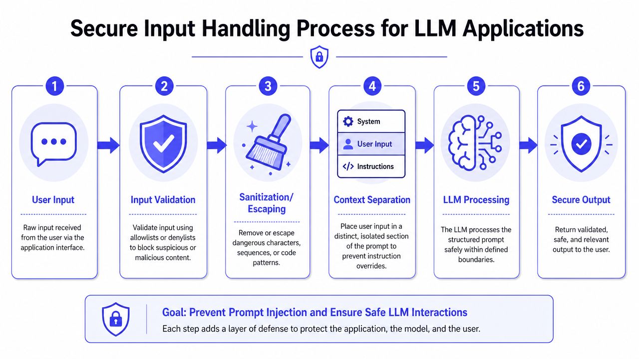 A six-step diagram illustrating a secure input handling process for LLM applications to prevent prompt injections.