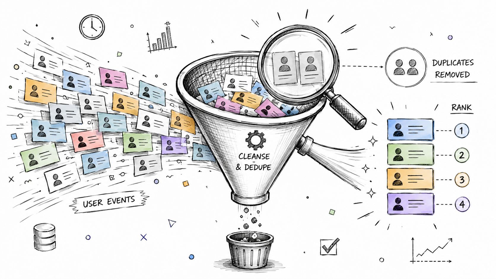 A hand-drawn illustration showing user data being processed through a funnel to cleanse, deduplicate, and rank records.
