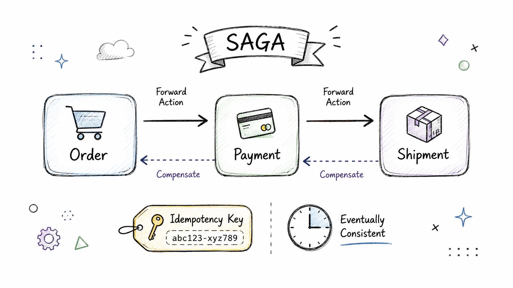A hand-drawn diagram illustrating the Saga pattern for managing microservices transactions using forward actions and compensation steps.