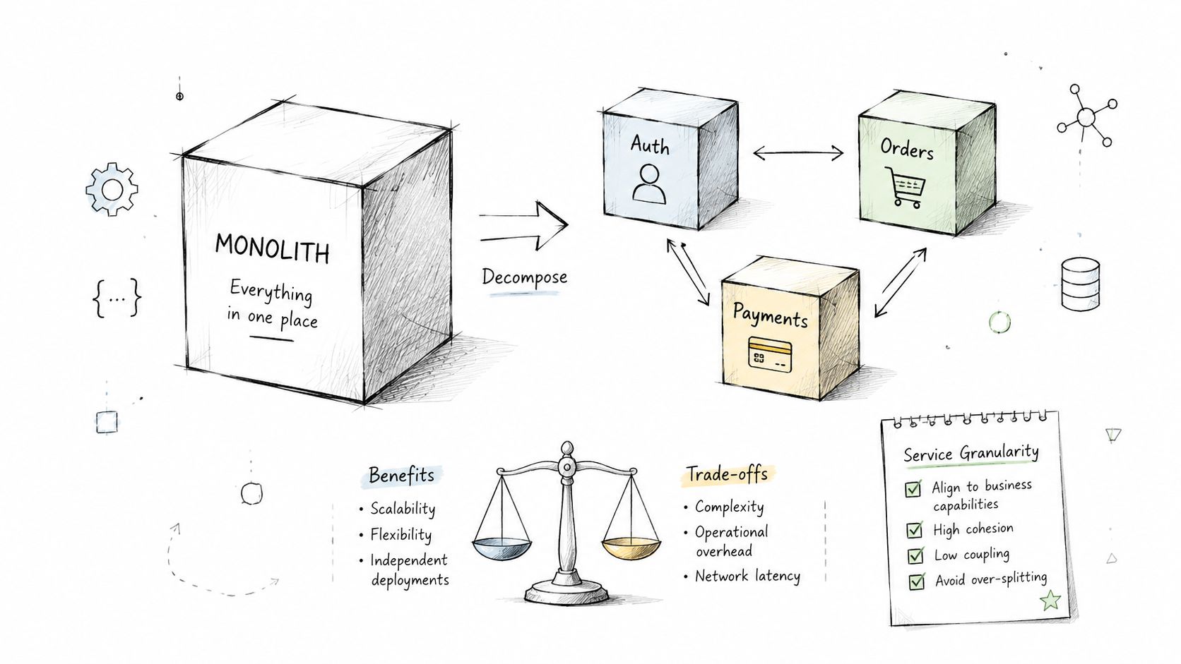 A diagram illustrating the decomposition of a software monolith into modular microservices with benefits and trade-offs.