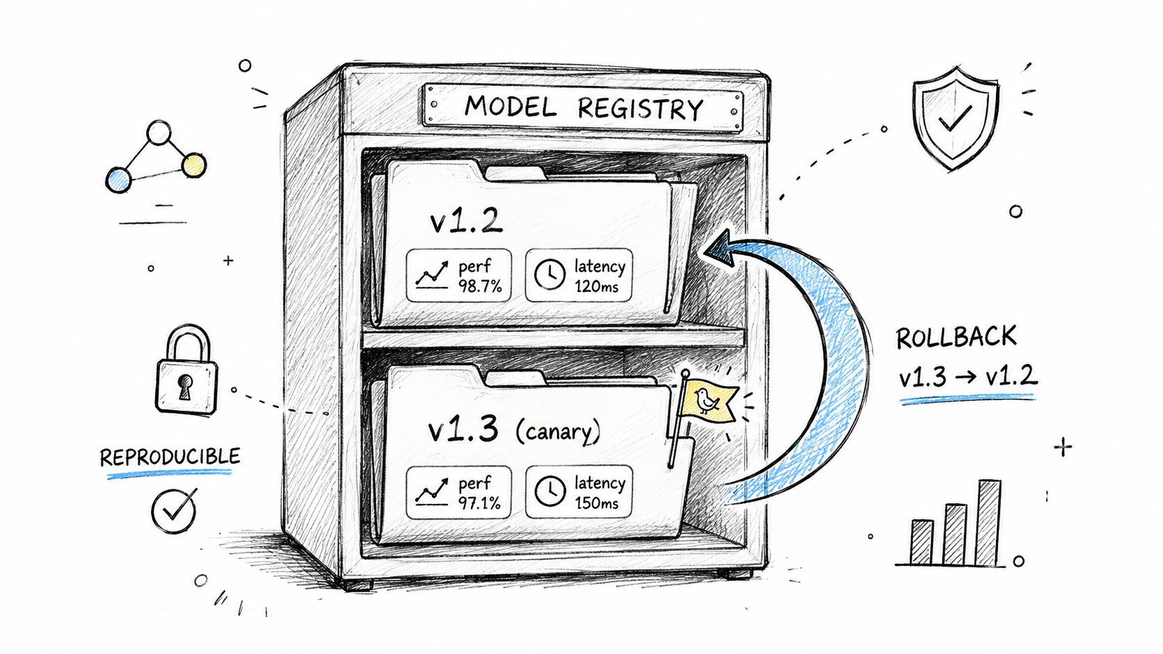 A hand-drawn illustration of a model registry showing versioned machine learning models with performance and latency metrics.