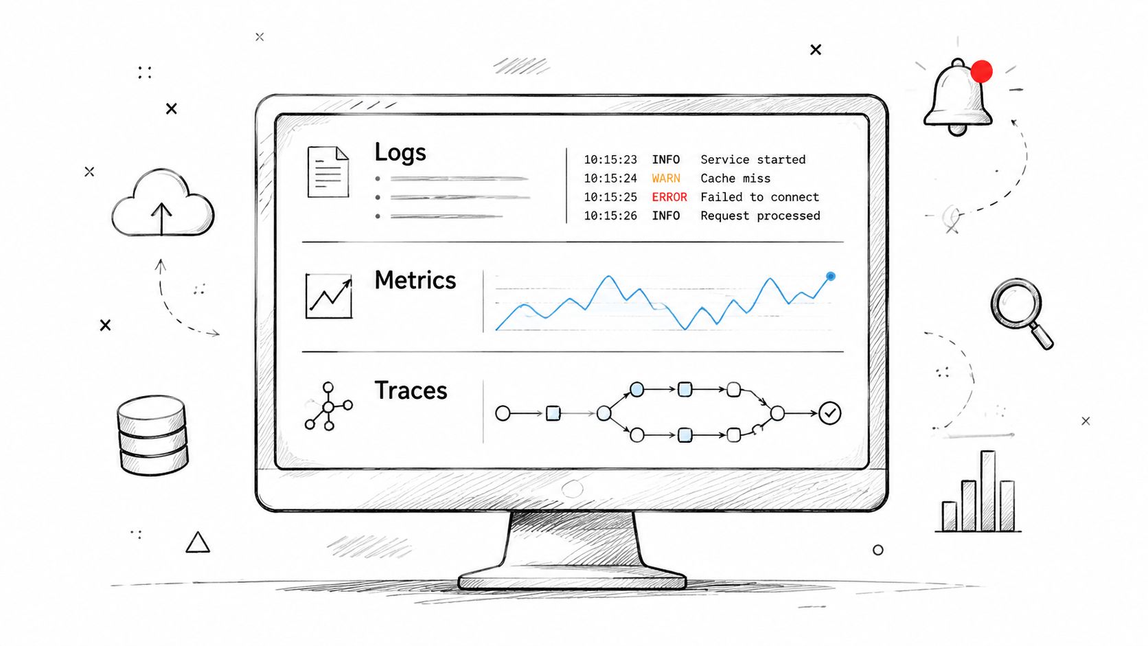 A hand-drawn illustration on a computer screen showing logs, metrics, and trace diagrams representing observability tools.