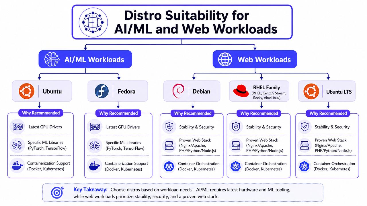 An infographic showing Linux distribution suitability for AI, machine learning, and web development server workloads.