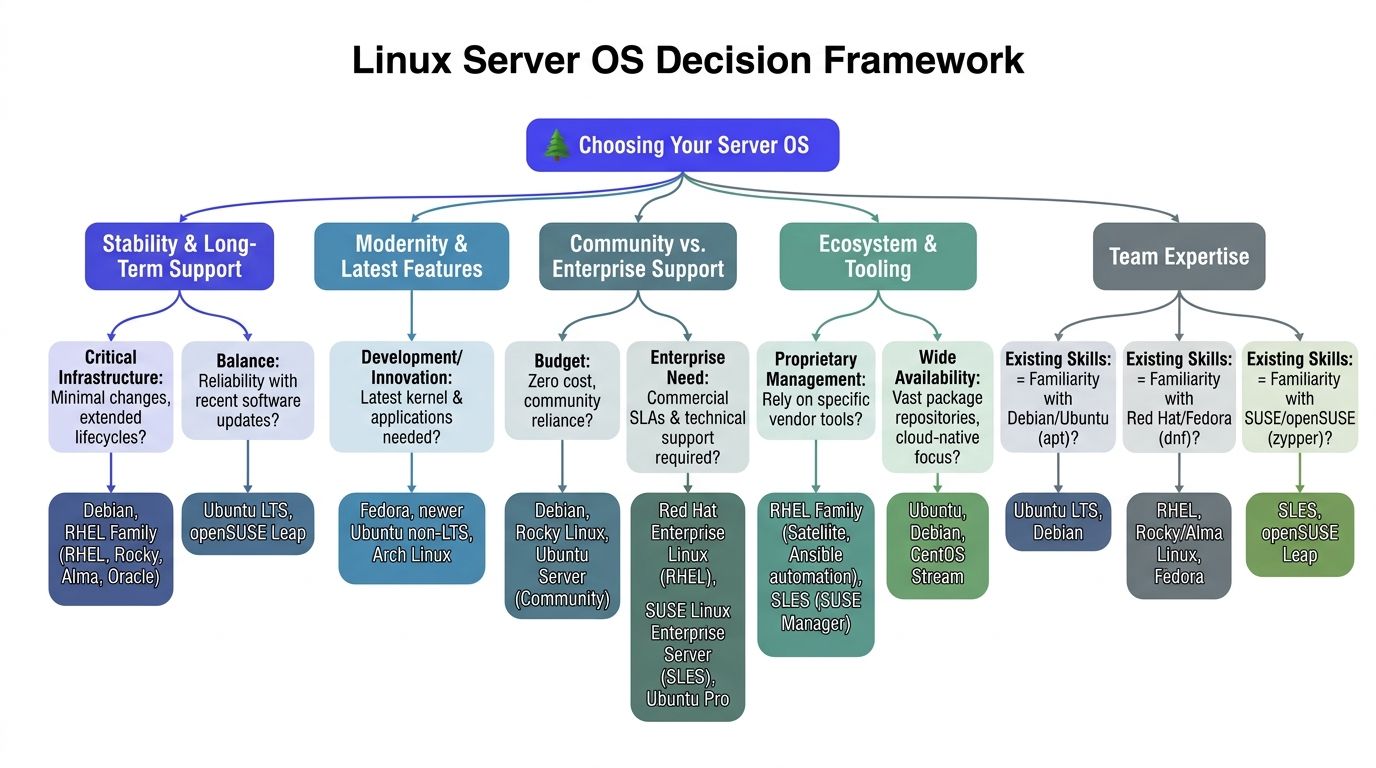 A decision framework flow chart guiding the selection of a suitable Linux server operating system.
