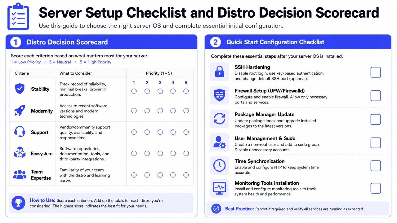 A server setup checklist and distribution decision scorecard guide for choosing and configuring a Linux server operating system.