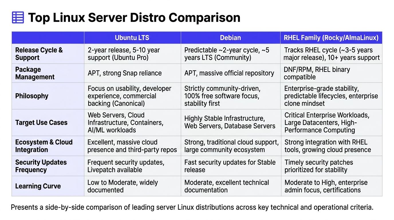 A comparison table detailing the technical differences between Ubuntu LTS, Debian, and RHEL Linux server distributions.