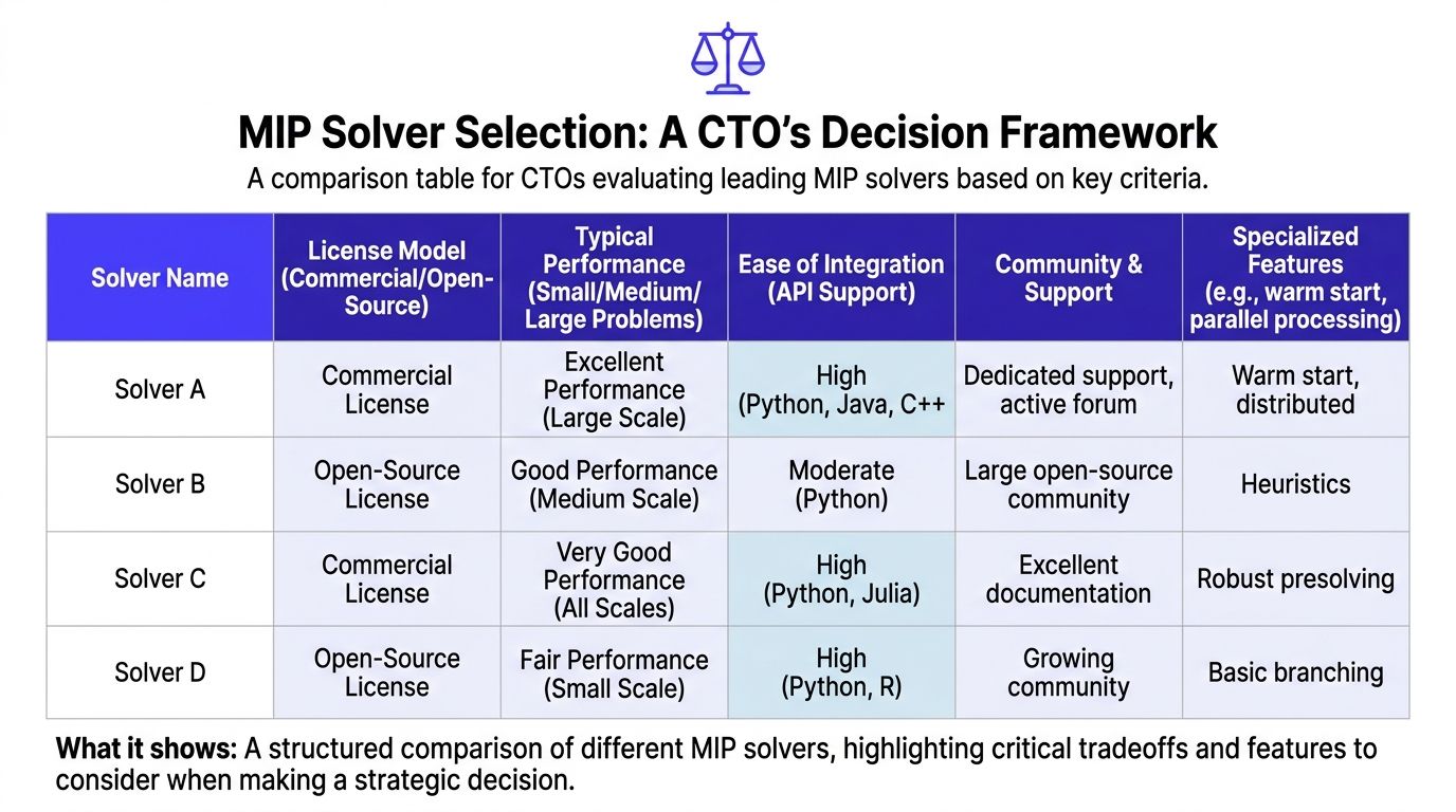 A comparison table for CTOs evaluating the performance, licensing, and features of four different MIP solvers.