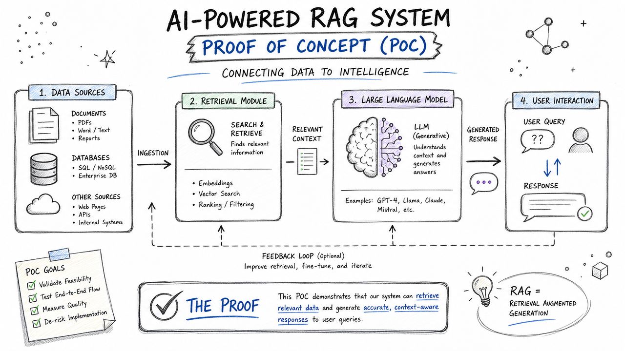 A hand-drawn diagram illustrating the four main stages of an AI-powered retrieval augmented generation system architecture.