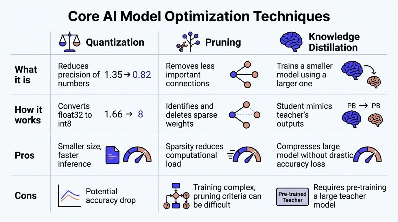 A table summarizing core AI model optimization techniques including quantization, pruning, and knowledge distillation with pros and cons.