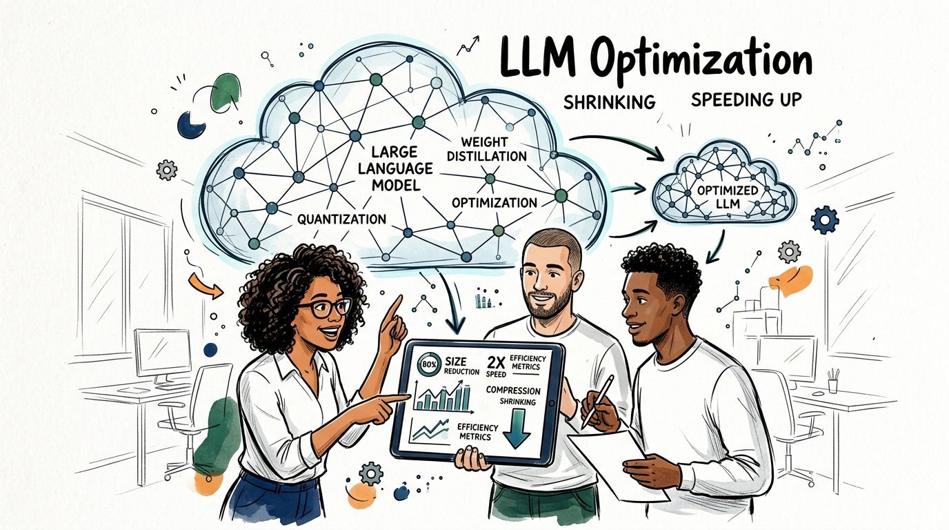 A team of professionals discussing LLM optimization strategies, including model shrinking, quantization, and speed improvements on a tablet.