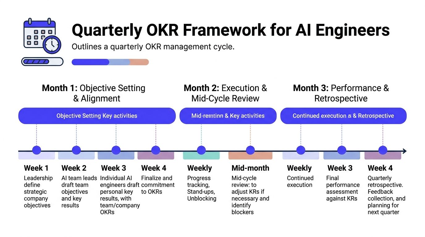 A diagram outlining the Quarterly OKR Framework for AI Engineers over a three-month management cycle.