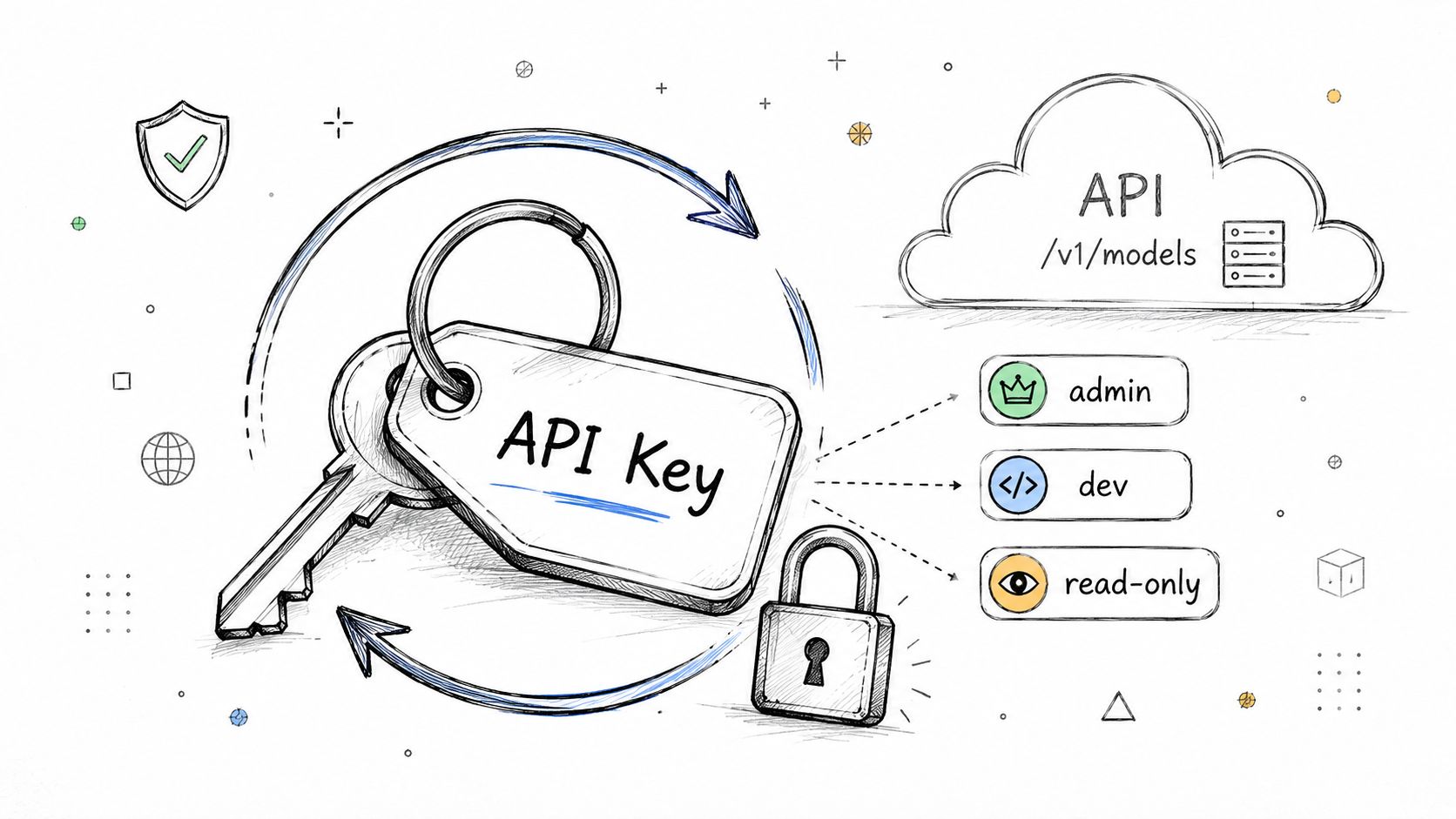 A hand-drawn illustration showing an API key attached to a keychain with permission roles and cloud connectivity.