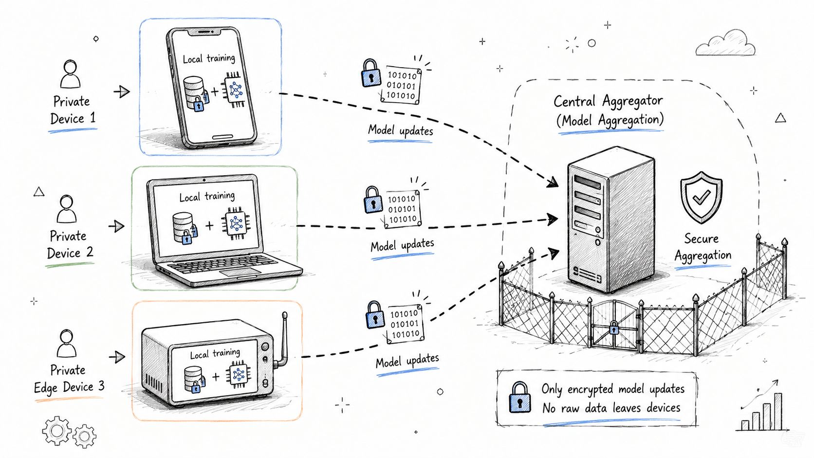 A diagram illustrating federated learning where private devices send encrypted model updates to a central aggregator server.