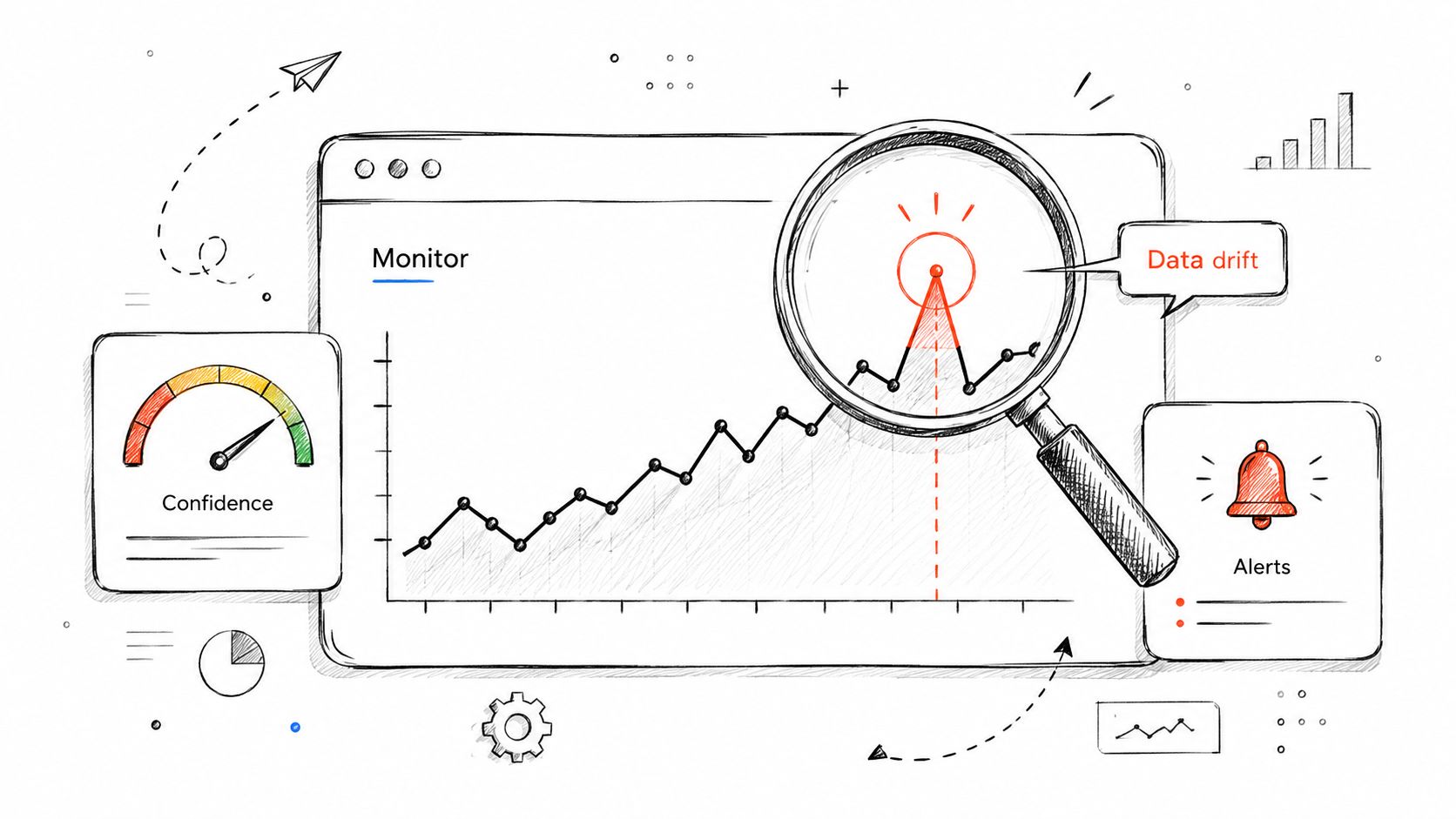 A sketched illustration of a computer monitor displaying data performance metrics with magnifying glass highlighting data drift.