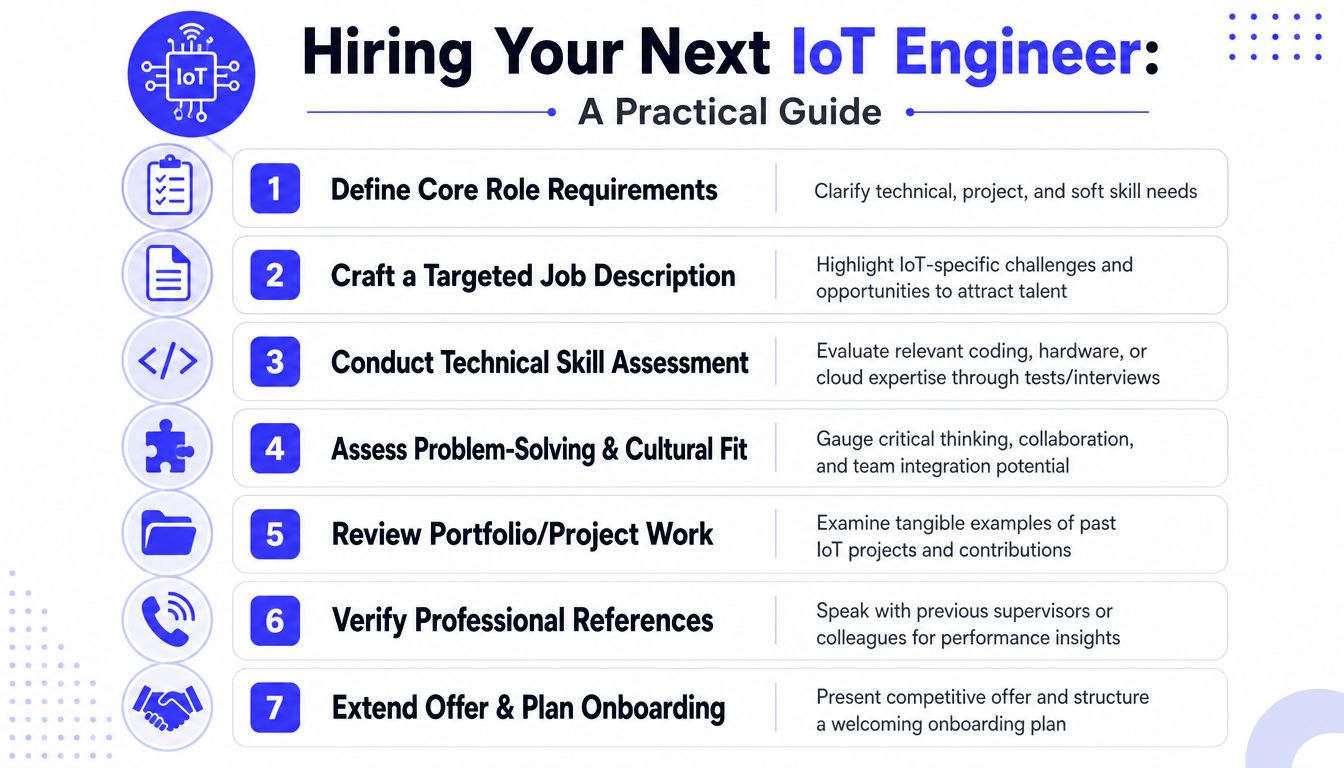 A seven-step infographic guide for companies to follow when hiring a professional IoT engineer.
