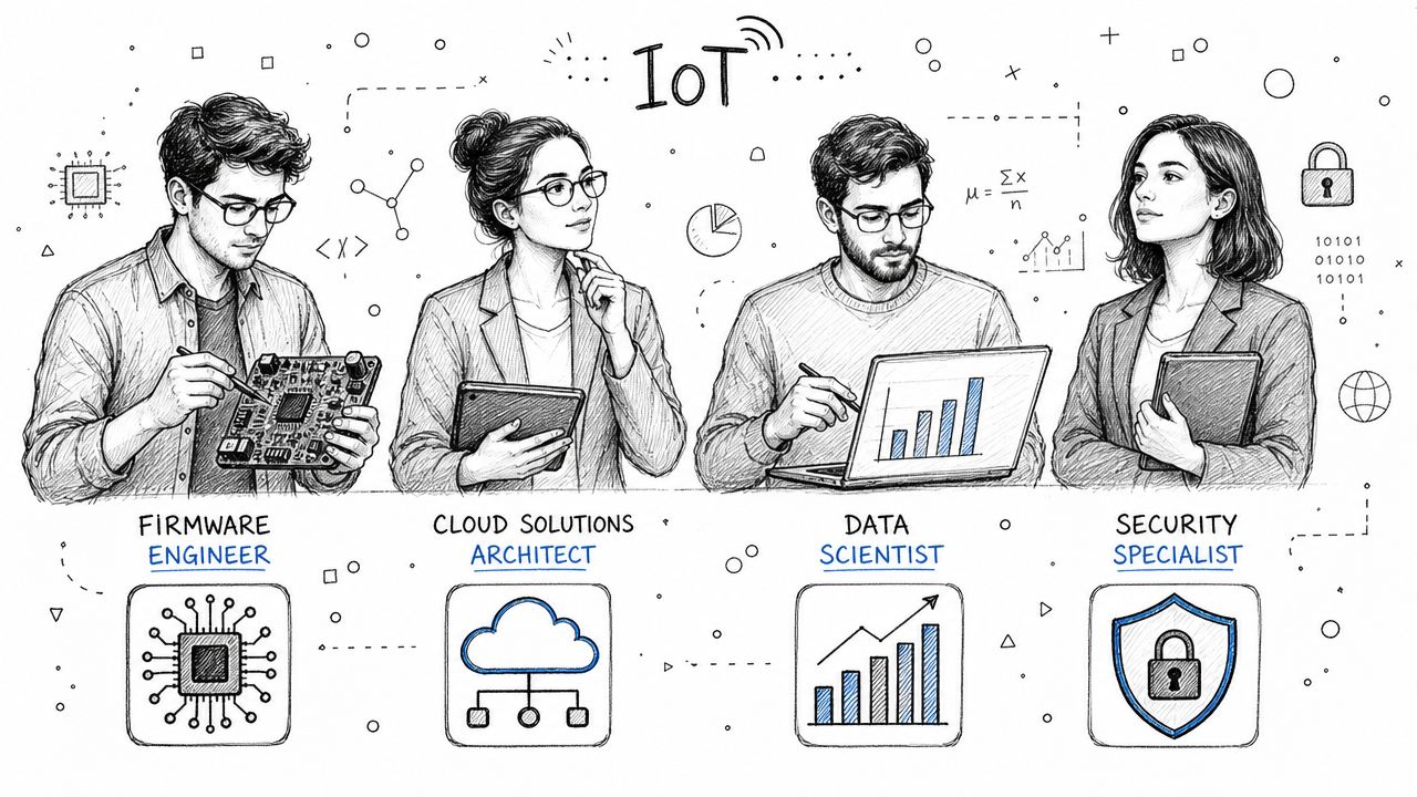 A professional illustration depicting four key roles in the IoT industry, including engineers, architects, and data specialists.