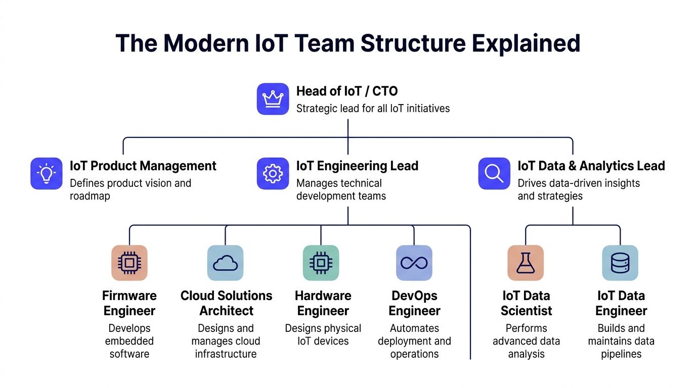 An organizational chart showing a modern IoT team structure with leadership, engineering, and data roles defined.