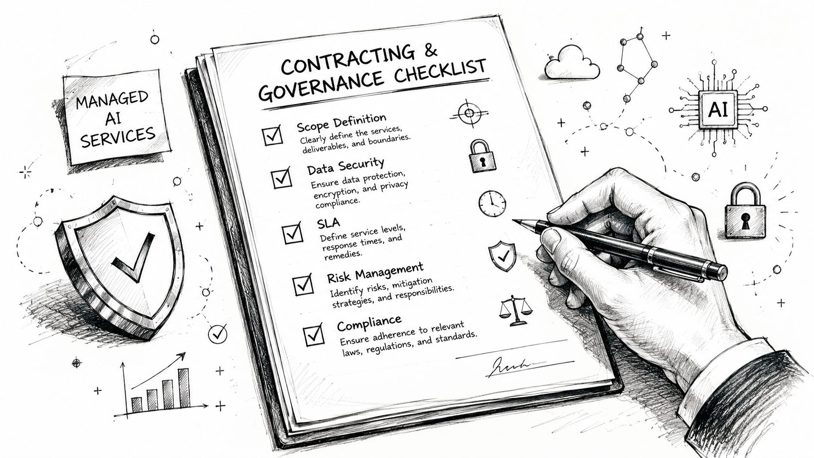 A hand filling out a contracting and governance checklist for managed AI services with icons nearby.