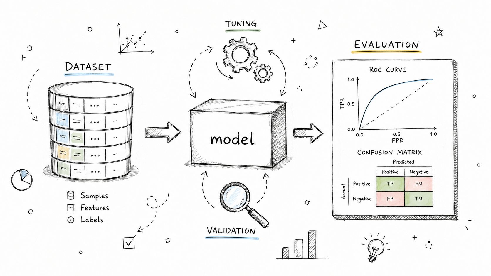 A conceptual diagram showing a machine learning pipeline from dataset intake to model tuning, validation, and evaluation.