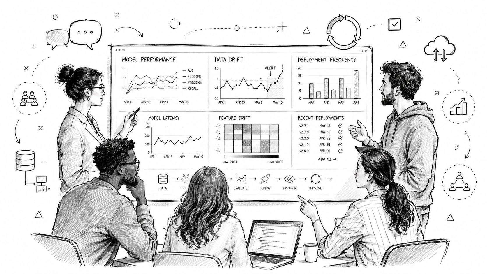 A diverse team of professionals analyzing machine learning metrics on a large interactive whiteboard display.