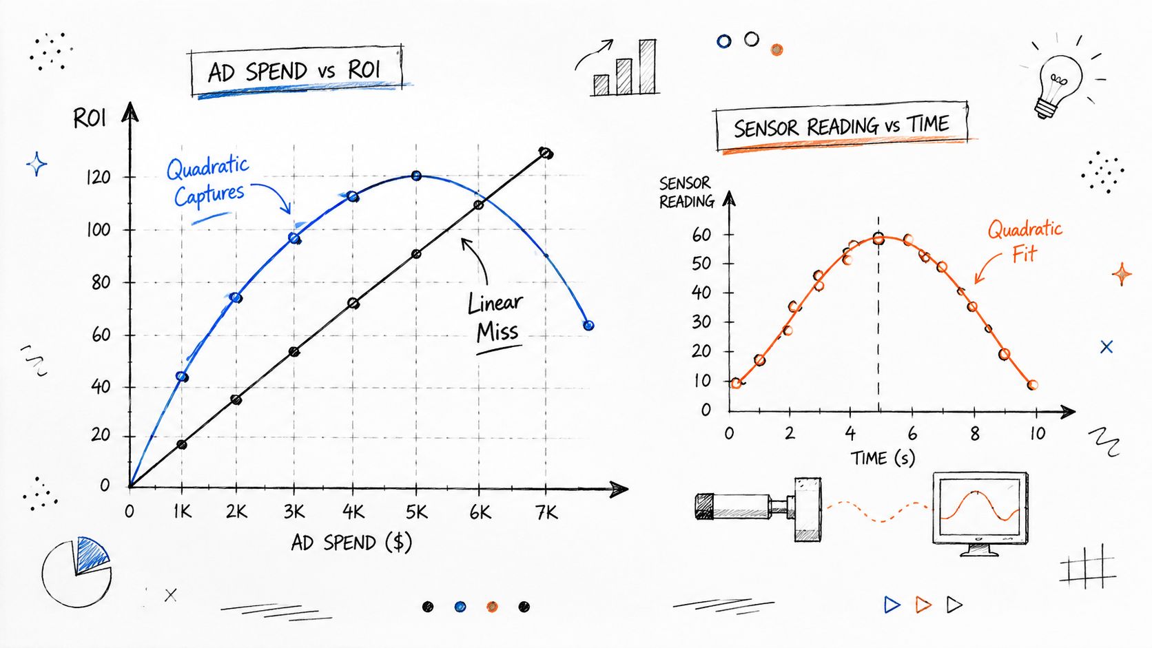 A hand-drawn infographic comparing linear and quadratic regression models using charts for ad spend and sensor data.