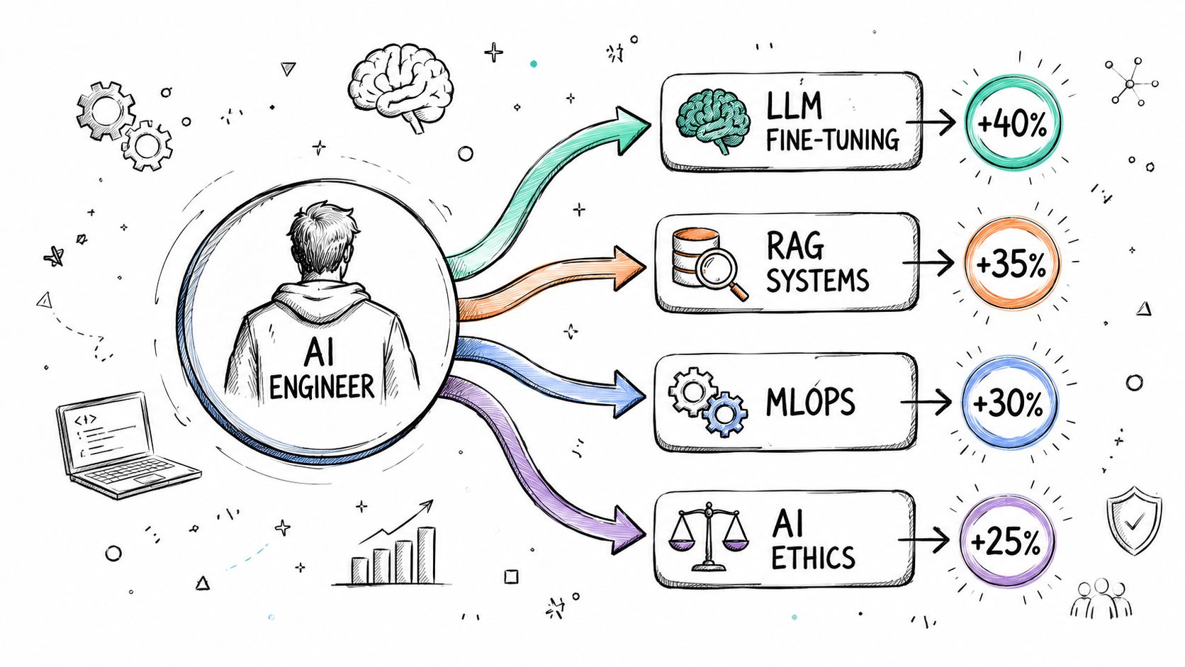 A hand-drawn illustration showing an AI Engineer connected to various skills with associated percentage growth statistics.