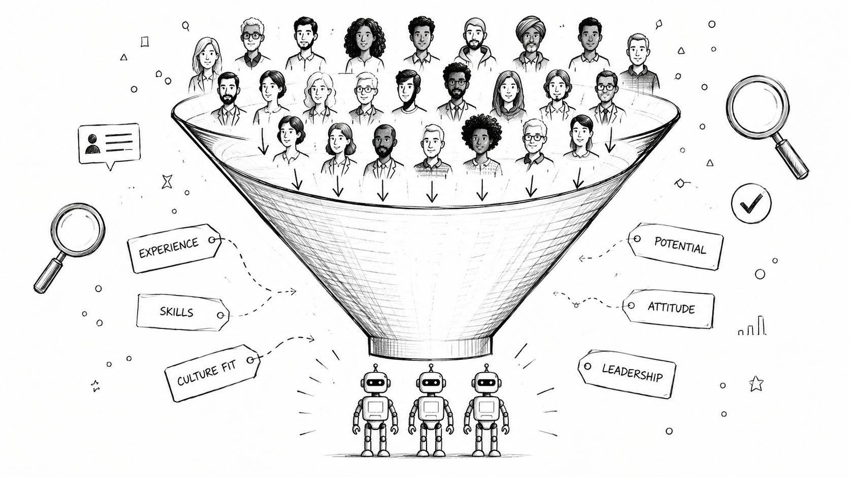 A conceptual illustration showing a funnel filtering diverse job candidates into AI-driven recruitment and selection.