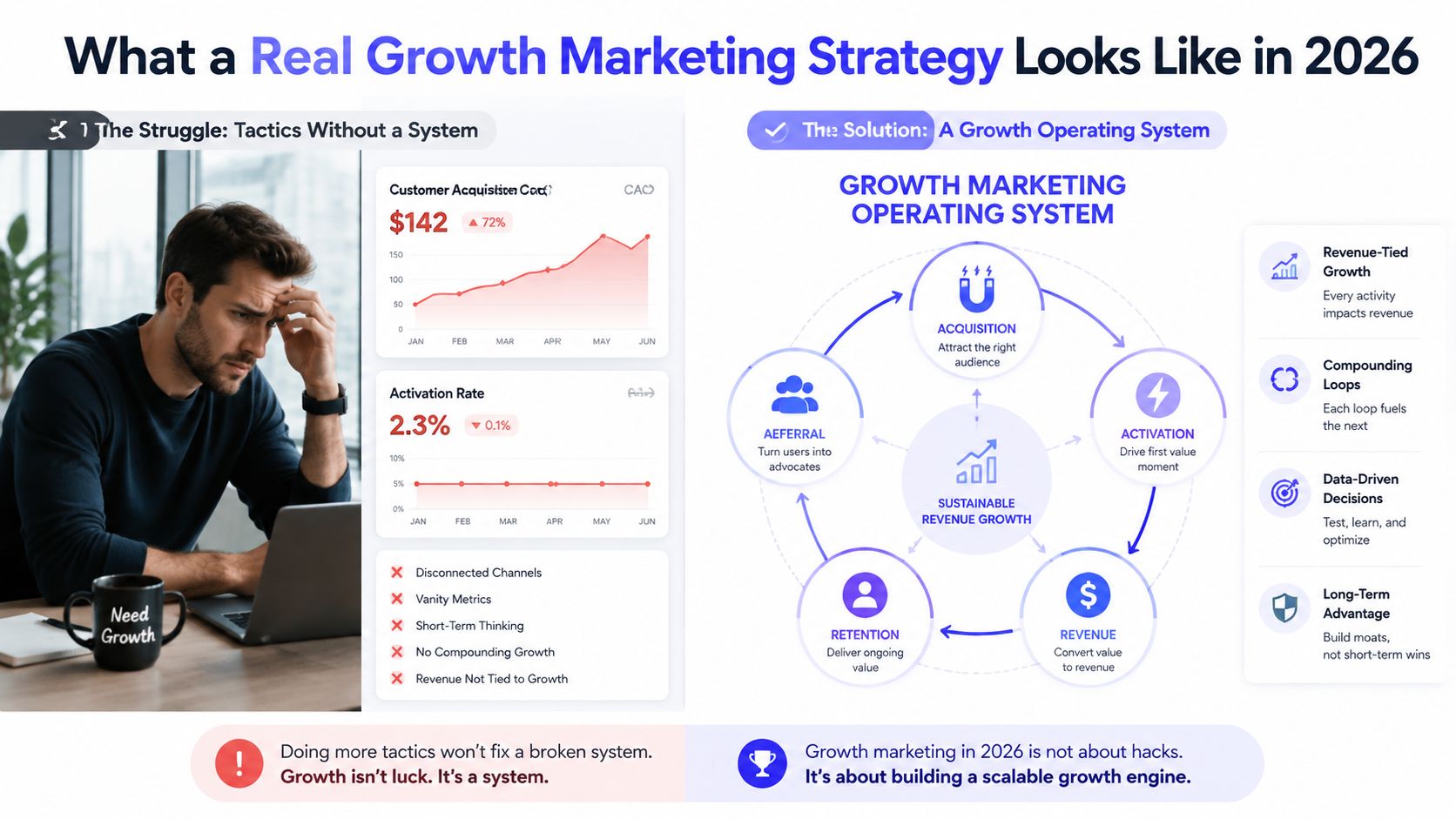 An infographic comparing a failing marketing tactic strategy with a sustainable growth marketing operating system.