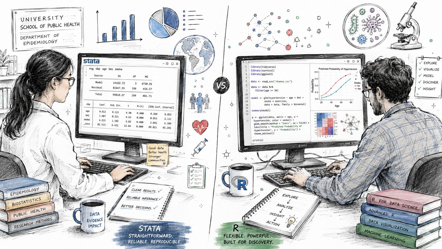 Two students sitting at computers comparing Stata and R statistical programming software for data analysis research.