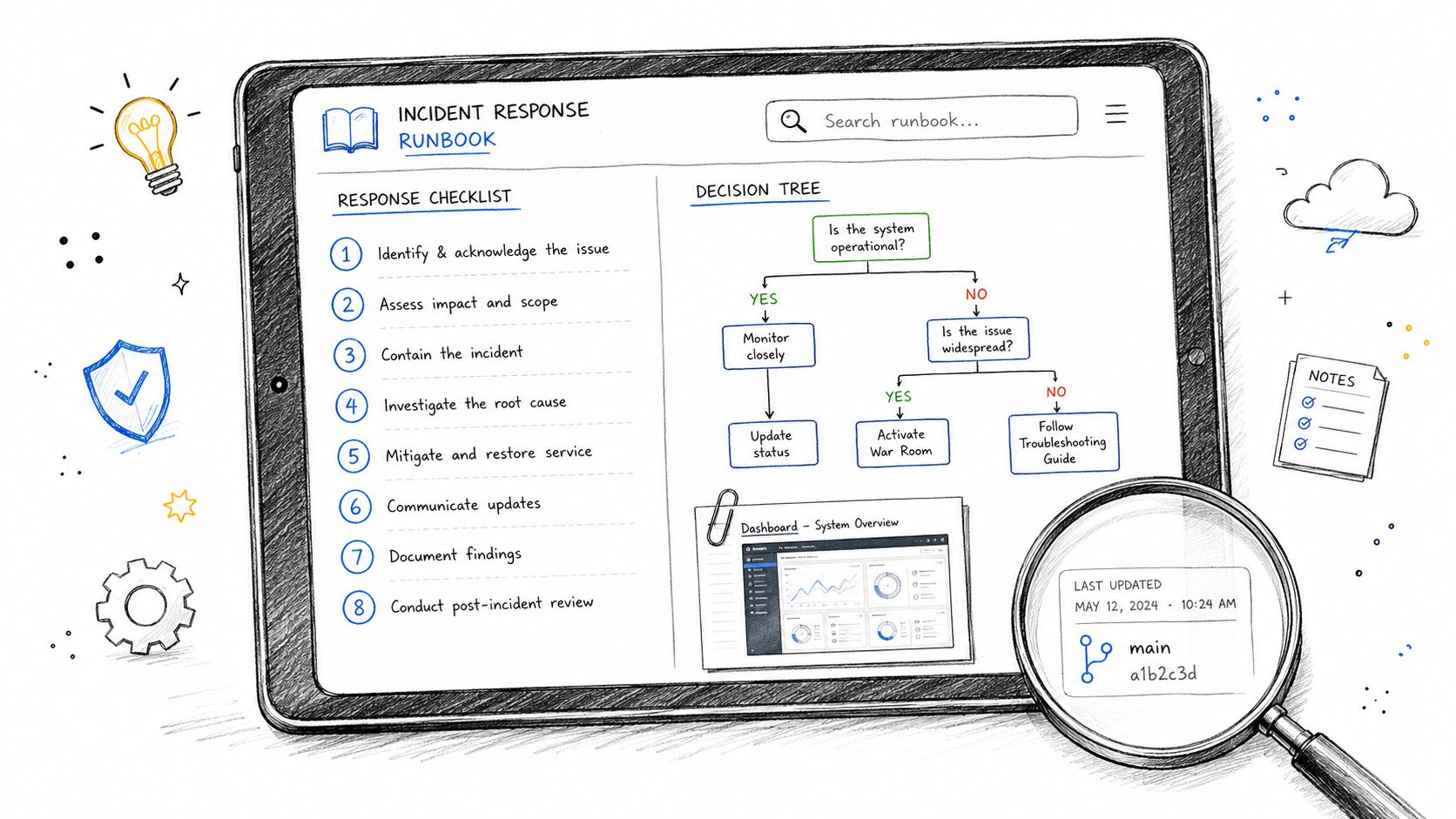 A digital tablet displaying an incident response runbook featuring a checklist and decision tree flowchart for IT operations.