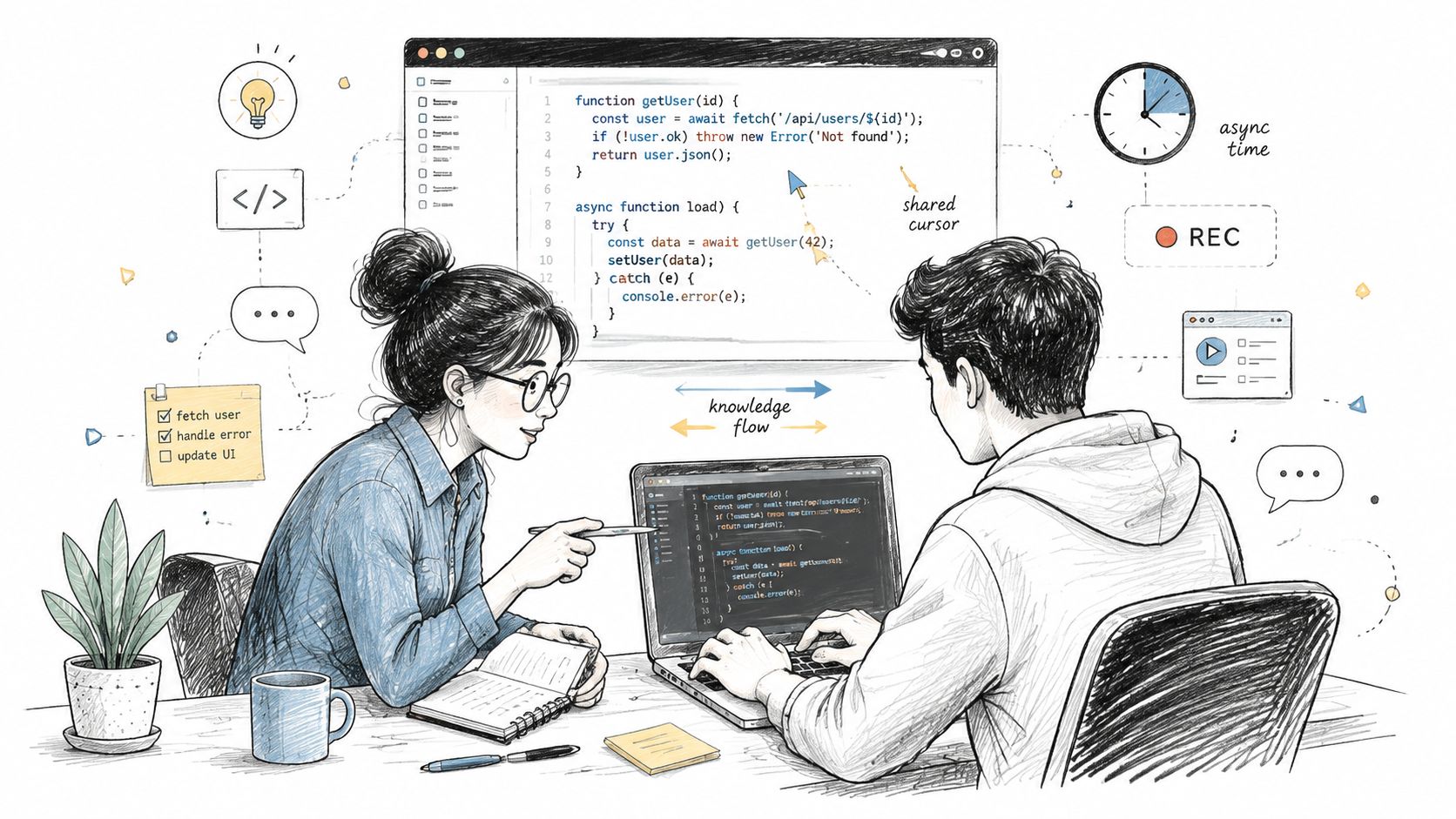A woman and man collaborating on code in a shared workspace with digital icons and notes.