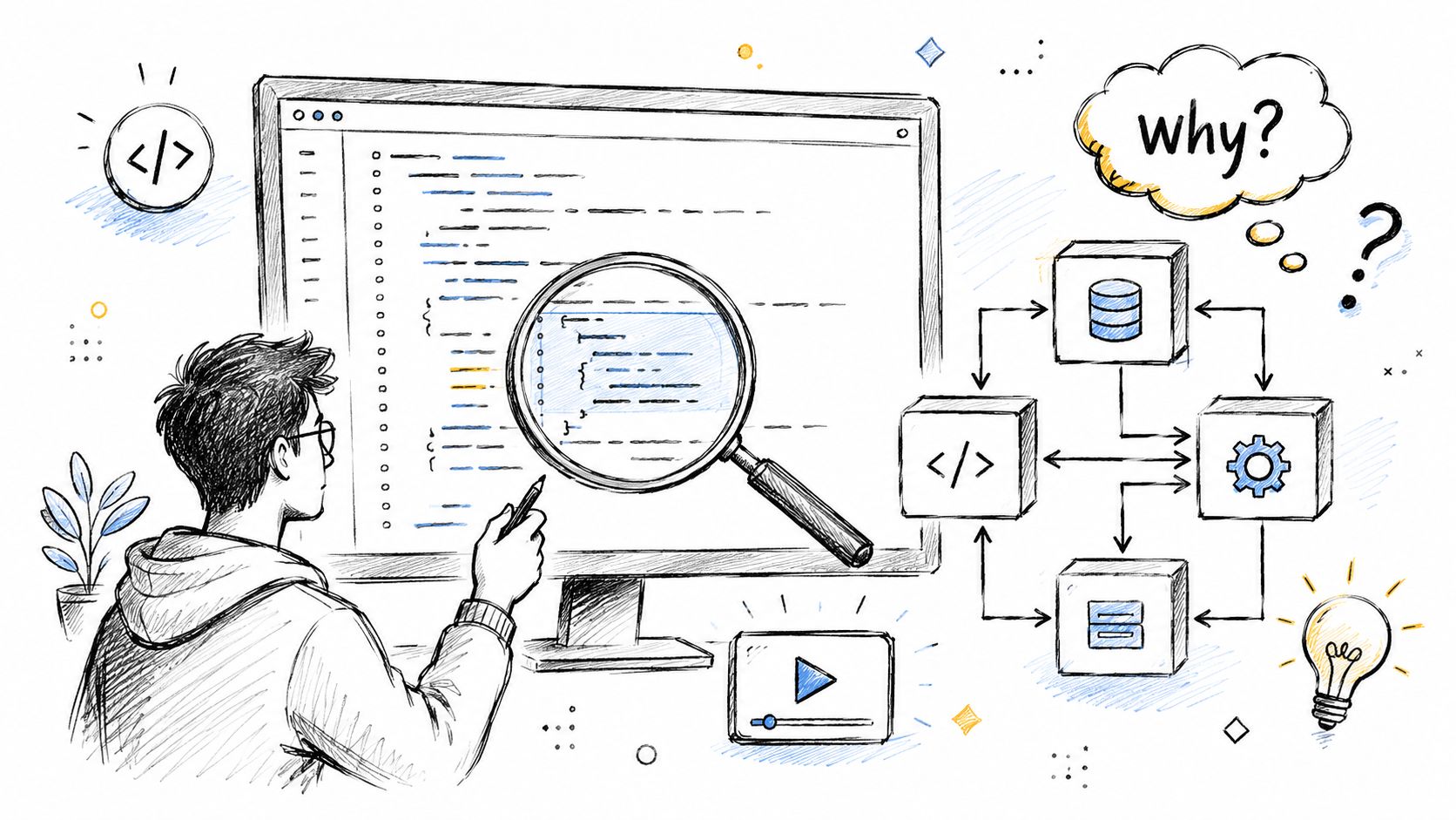 A digital illustration of a programmer analyzing code on a computer monitor to understand complex system processes.