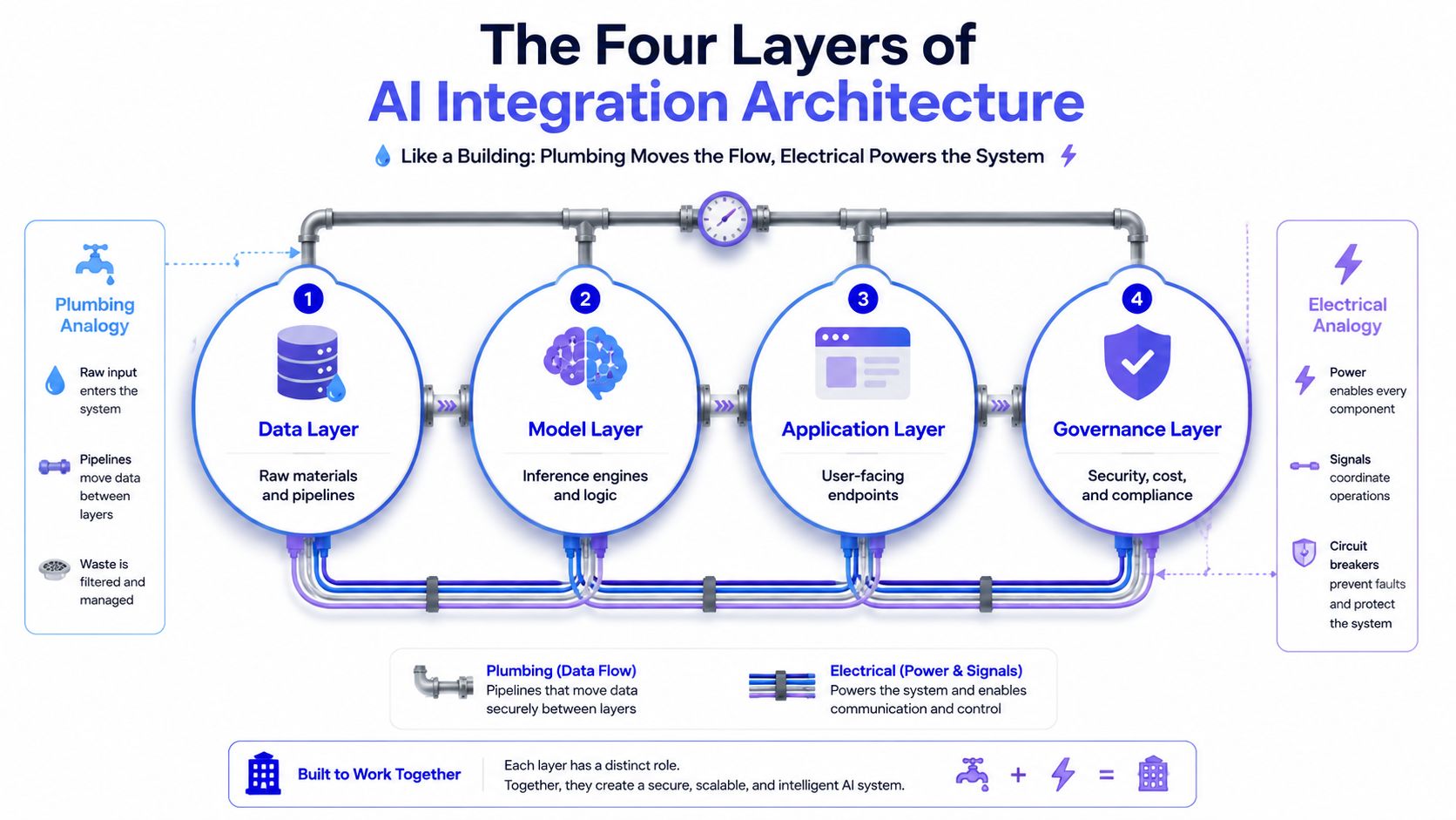 A diagram illustrating the four layers of AI integration architecture: Data, Model, Application, and Governance.