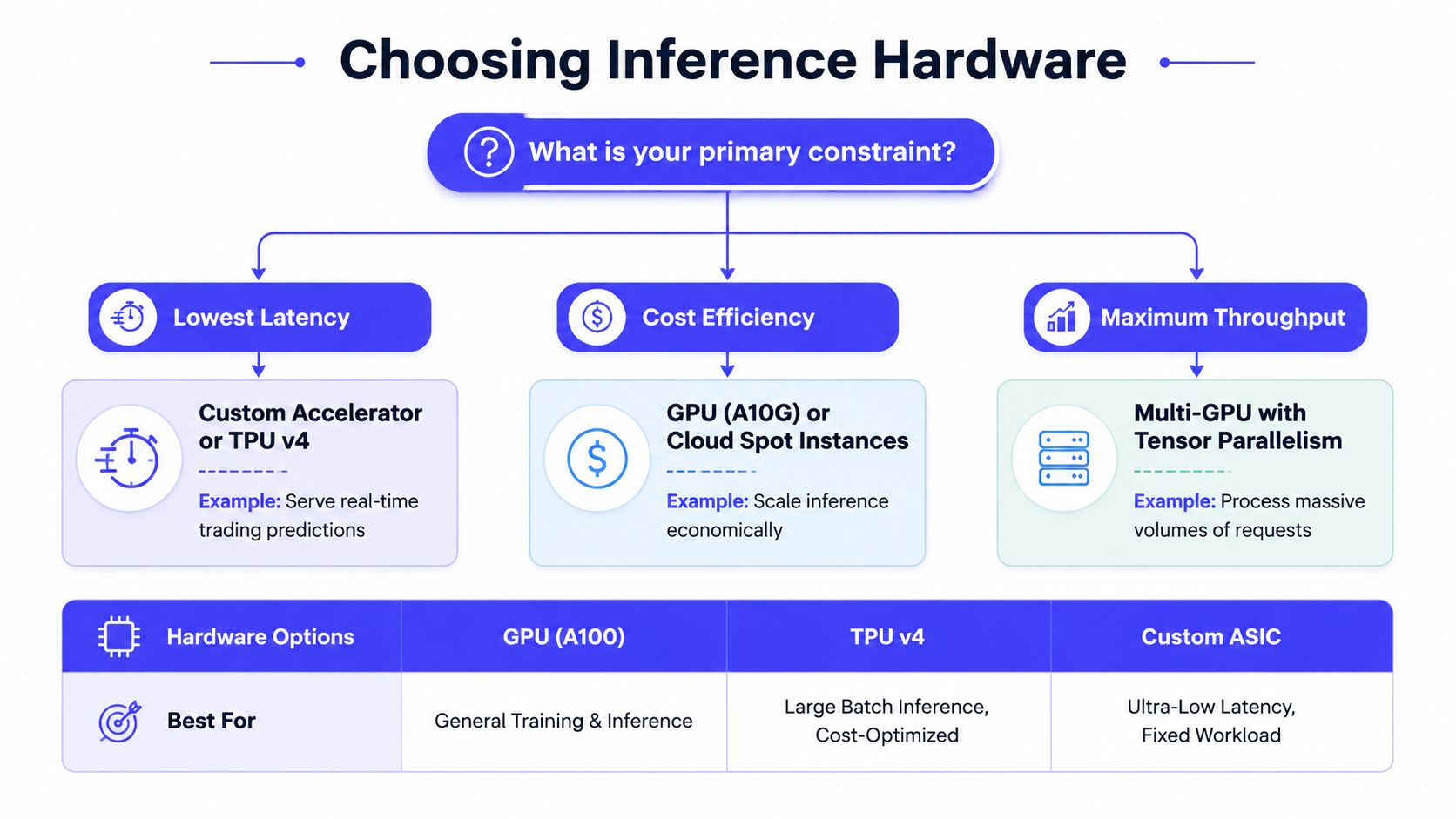 A flowchart guide explaining how to choose inference hardware based on latency, cost, or throughput requirements.
