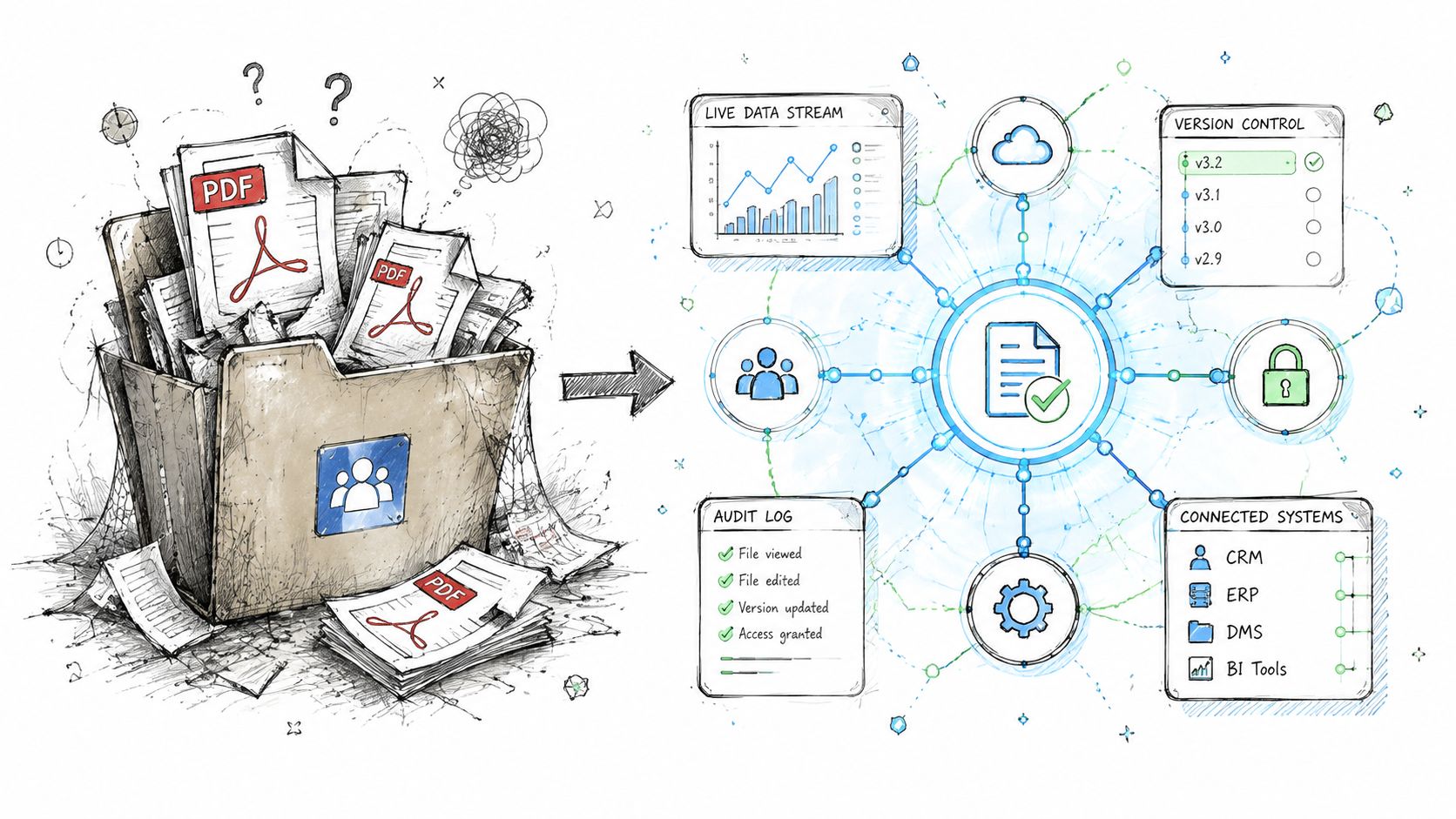 A digital transformation illustration showing unorganized paper documents being converted into a structured, integrated data system.