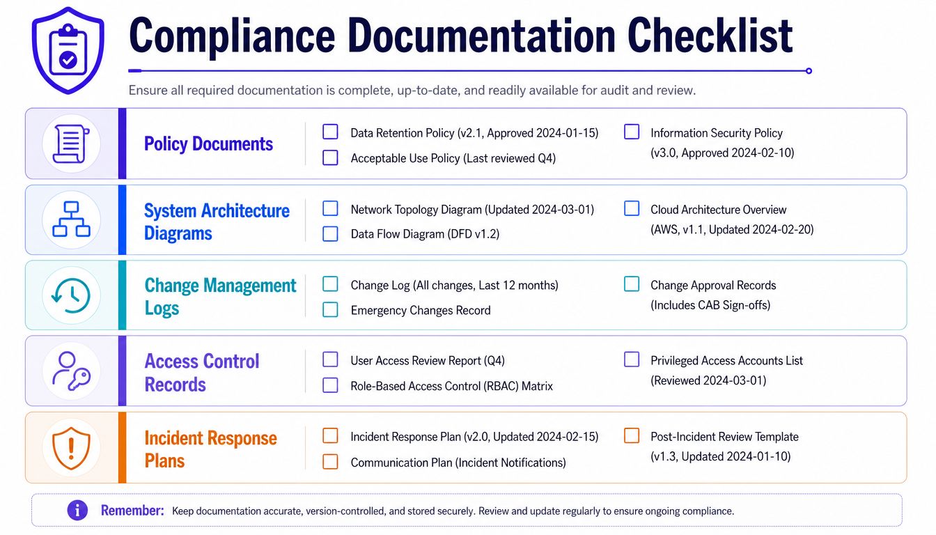 A visual compliance documentation checklist outlining necessary organizational policies, system diagrams, logs, and security plans for audit.